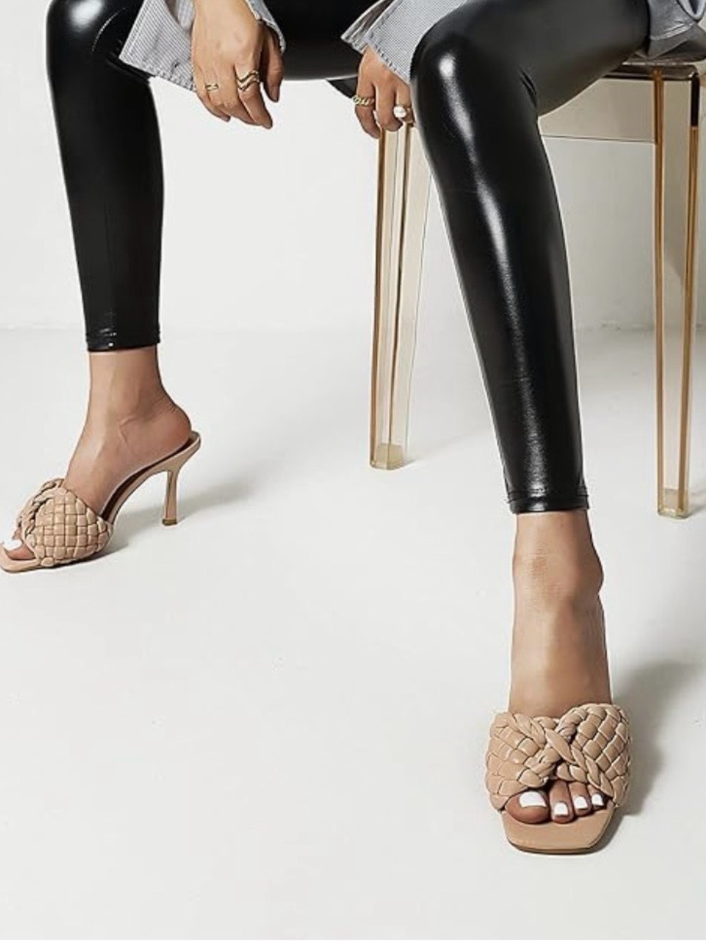 Amazon Braided Square-Toe High Heel Slides in Beige